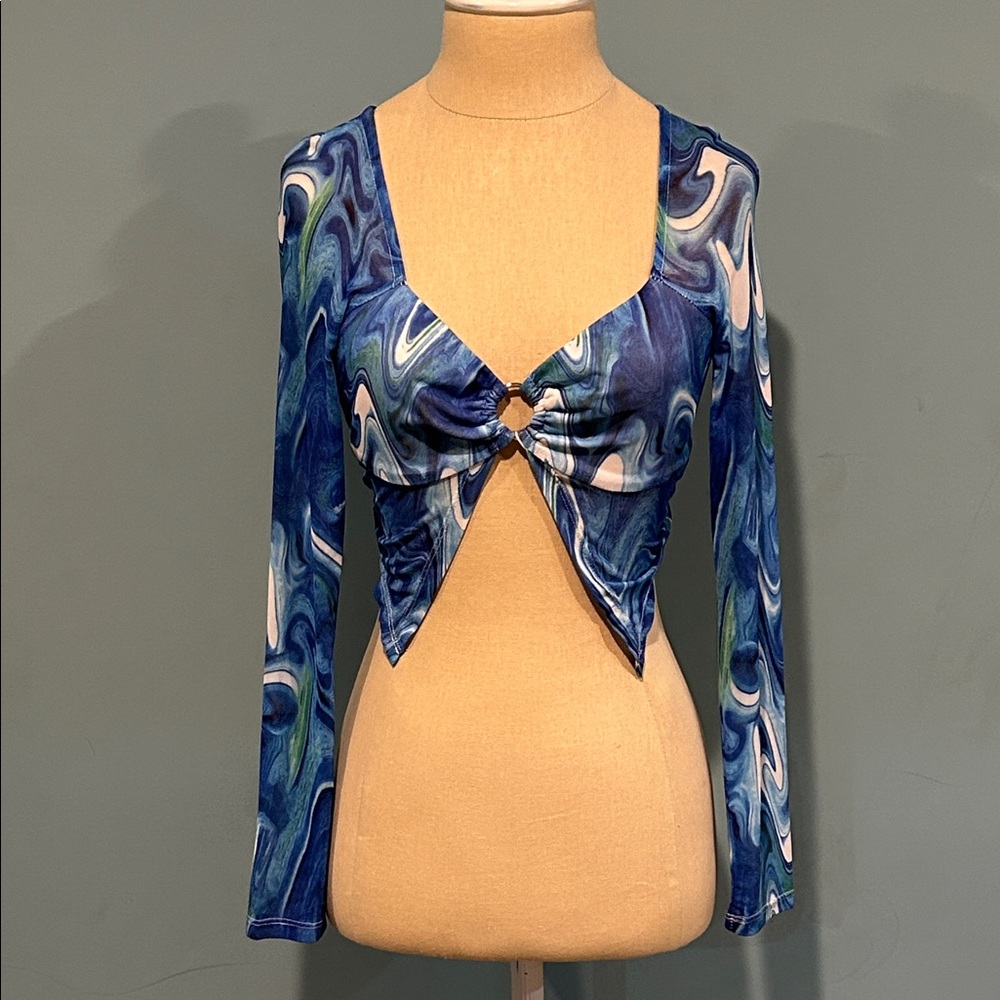 Princess Polly Blue White Marble Print Sheer Cropped Top size 0